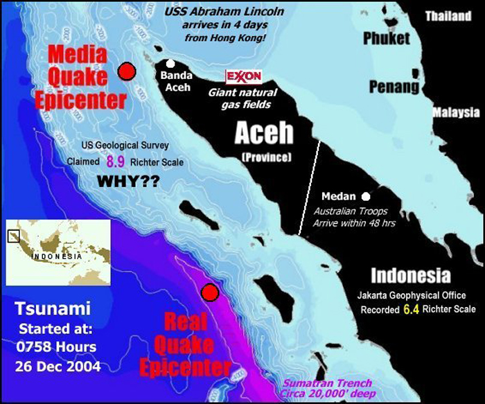 Sumatra quaktrue e epicenter and faked media reported epicenter